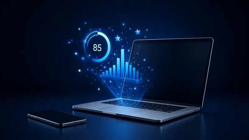 A laptop and phone beside stars, signal bars, and a score ring 4RaBet App.