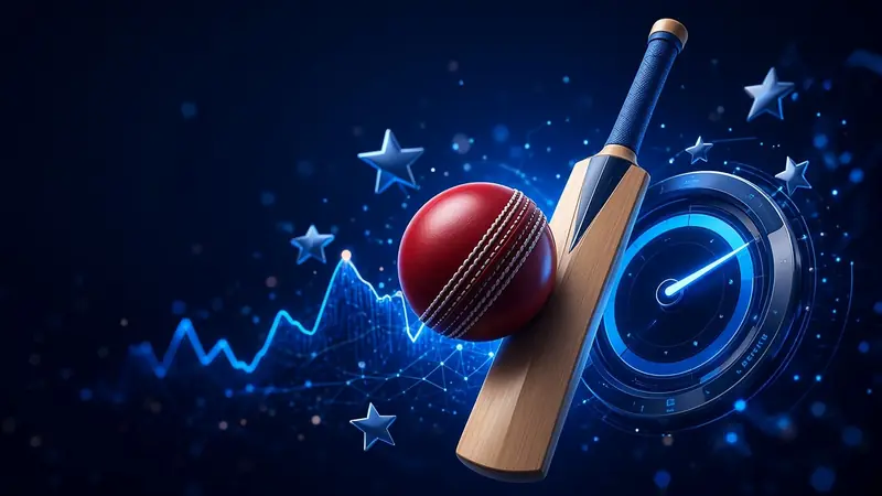 A cricket ball and bat beside stars, a sparkline, and a gauge 4RaBet Betting.