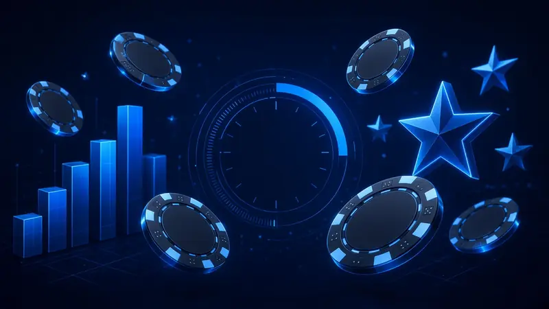 Dark chips beside a meter, stars, and stacked bars 4RaBet Casino.