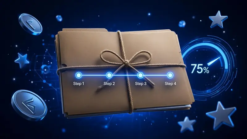 A tied folder beside progress dots, stars, and a gauge 4RaBet Registration.