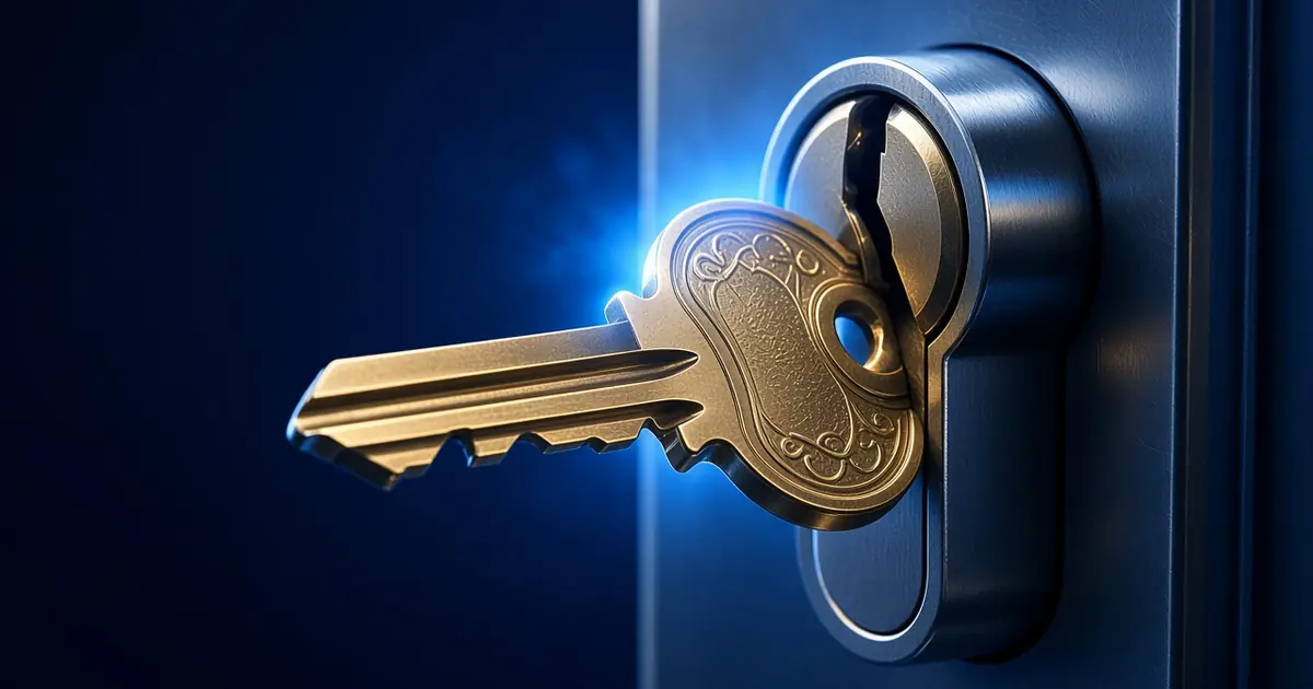 A brass key sits in a dark lock 4RaBet Safety.