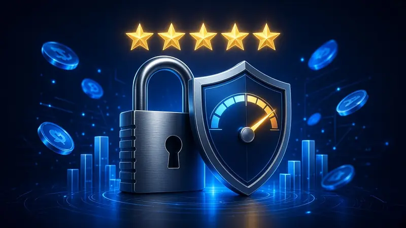 A steel padlock beside a shield meter, stars, and small bars 4RaBet Safety.