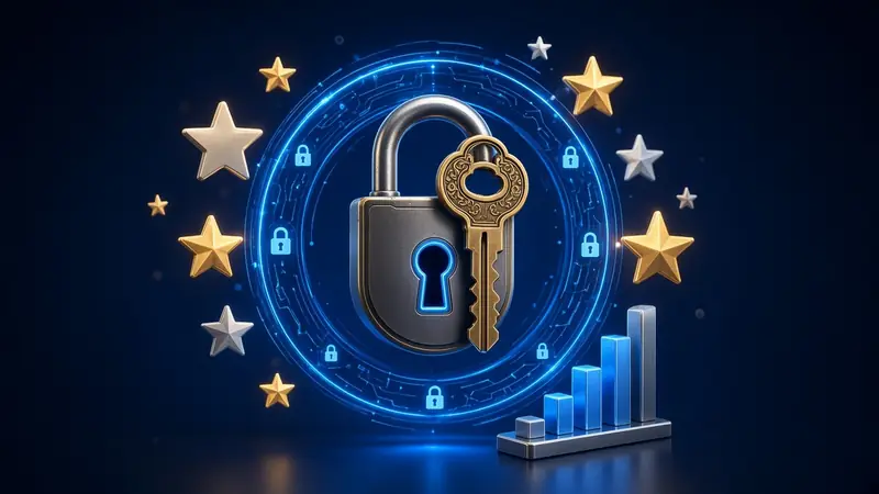 A brass key beside stars, a security ring, and a bar chart 4RaBet Safety.